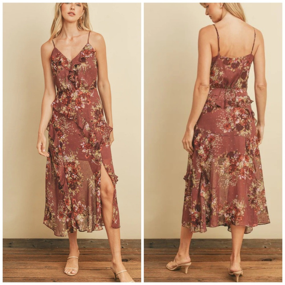 Dress Forum Los Angeles Burgundy Floral Ruffle Midi Dress FD10075 Womens Large